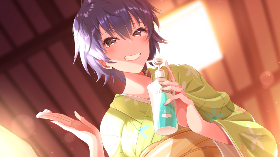 1girl bangs black_hair blurry blurry_background breasts brown_eyes character_request commentary_request copyright_request dutch_angle etyaduke eyebrows_visible_through_hair green_kimono grin hair_between_eyes holding japanese_clothes kimono looking_at_viewer lotion_bottle orange_sash short_hair small_breasts smile solo yukata