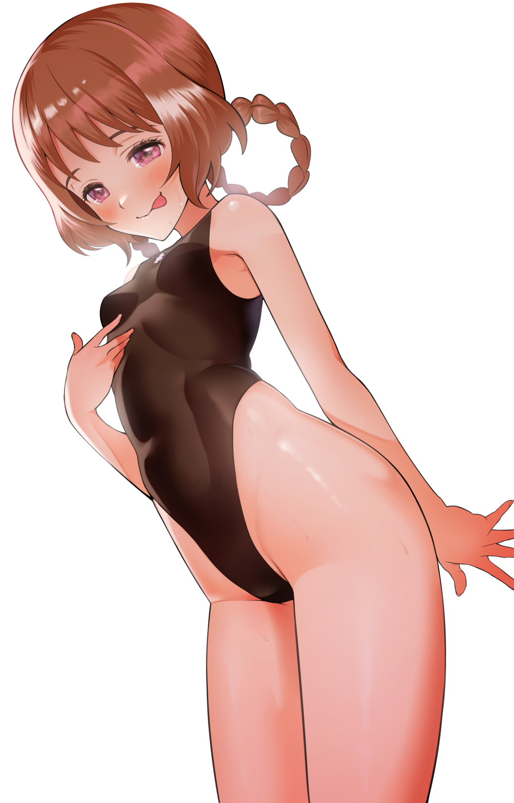 1girl :p black_leotard blush breasts brown_hair cowboy_shot delicious_party_precure hair_rings hanamichi_ran hand_up highleg highleg_leotard highres leotard licking_lips looking_at_viewer medium_hair nagashii_kouhei precure seductive_smile simple_background small_breasts smile solo standing sweat tongue tongue_out violet_eyes white_background