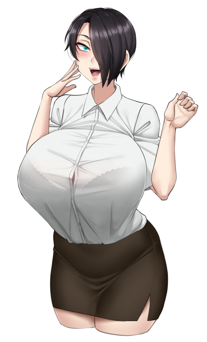 1girl :d aqua_eyes bangs black_hair black_skirt bra breasts button_gap commentary cropped_legs dress_shirt hair_over_one_eye hand_on_own_face hands_up highres huge_breasts light_blush looking_at_viewer one_eye_covered open_mouth original pencil_skirt saya_(twrlare) see-through see-through_shirt shirt short_hair short_sleeves simple_background skirt smile solo tented_shirt twrlare underwear white_background white_shirt