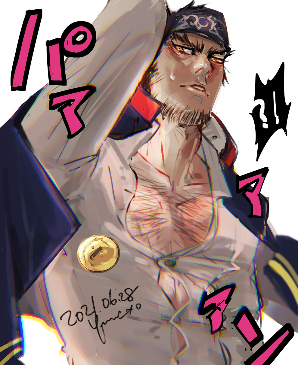 1boy arm_up beard blush bursting_pectorals chest_hair facial_hair golden_kamuy highres looking_at_viewer male_focus mature_male menacing_(jojo) pectoral_cleavage pectorals short_hair sideburns solo sound_effects sweatdrop tanigaki_genjirou thick_eyebrows translation_request upper_body yumi_(soak1111)