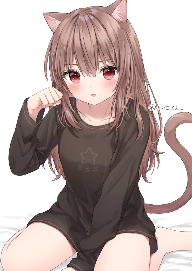 1girl animal_ears anz32 bare_legs barefoot between_legs brown_hair cat_ears cat_girl cat_tail hand_between_legs long_hair long_sleeves looking_at_viewer naked_sweater open_mouth original paw_pose red_eyes sitting sweater tail wariza