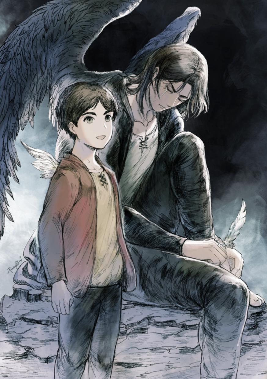2boys age_progression black_hair black_pants black_wings child eren_yeager facial_hair feathered_wings feet_out_of_frame goatee highres male_focus medium_hair mini_wings multiple_boys pants rainbuniart shingeki_no_kyojin short_hair smile spread_wings standing symbolism tears upper_body white_wings wings younger