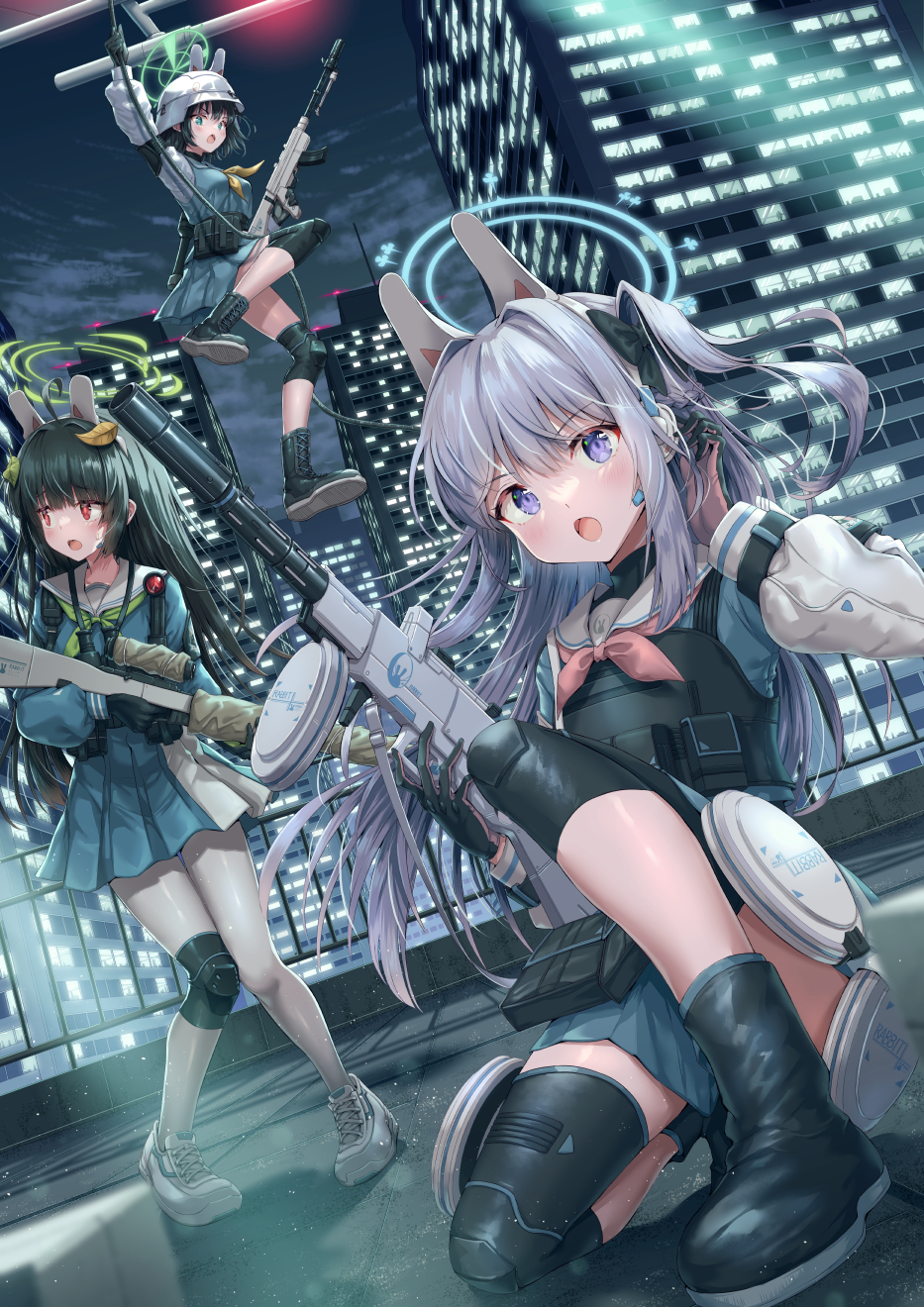aircraft animal_ear_headphones blue_archive blush cityscape commentary_request fingerless_gloves gloves gun halo helicopter helmet highres hirokazu_(analysis-depth) ladder looking_at_viewer miyako_(blue_archive) miyu_(blue_archive) night open_mouth pantyhose rifle saki_(blue_archive) school_uniform serafuku tactical_clothes violet_eyes weapon
