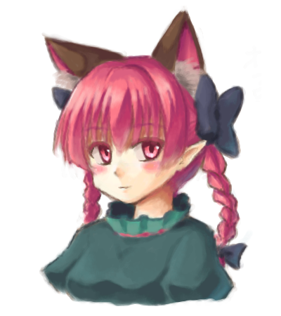 1girl animal_ears blush bow braid cat_ears cropped_torso dress extra_ears face hair_bow isaki_(gomi) kaenbyou_rin light_smile long_hair looking_at_viewer lowres pointy_ears red_eyes redhead simple_background solo touhou twin_braids upper_body white_background