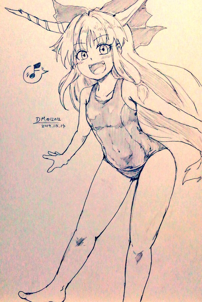 1girl :d alternate_costume bare_legs barefoot breasts collarbone commentary_request covered_navel d-m_(dii_emu) dated eyebrows_visible_through_hair eyelashes feet_out_of_frame greyscale horns ibuki_suika long_hair looking_at_viewer monochrome musical_note old_school_swimsuit one-piece_swimsuit oni_horns open_mouth school_swimsuit signature sketch small_breasts smile spoken_musical_note swimsuit tied_hair touhou traditional_media very_long_hair