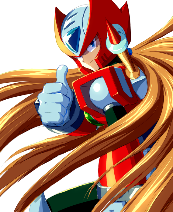 1boy alternate_hair_color android blue_eyes brown_hair closed_mouth commentary_request helmet hoshi_mikan long_hair looking_at_viewer male_focus mega_man_(series) mega_man_x_(series) messy_hair project_x_zone robot simple_background smile solo split_mouth thumbs_up upper_body weapon weapon_on_back white_background zero_(mega_man)