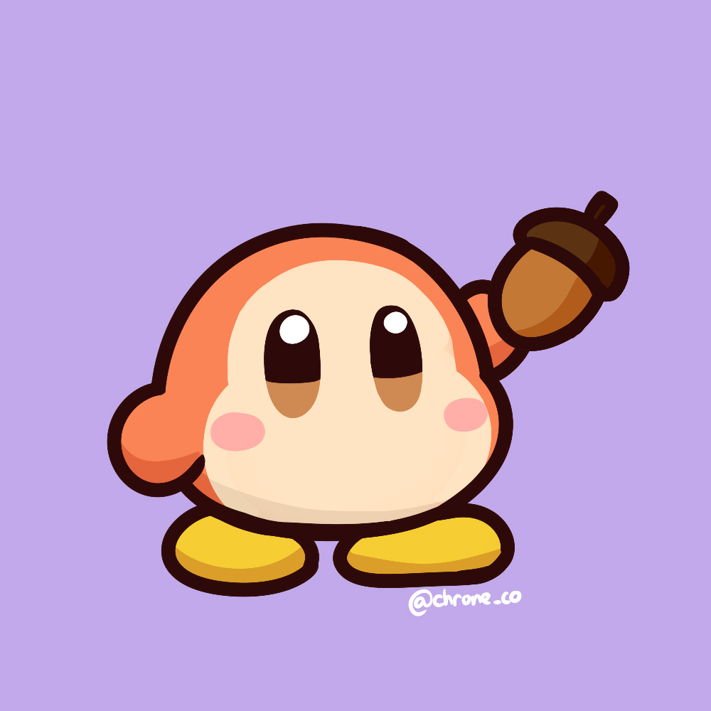 1other acorn artist_name brown_eyes chroneco deez_nuts_(meme) english_commentary hand_up holding kirby_(series) meme no_humans no_mouth purple_background simple_background waddle_dee