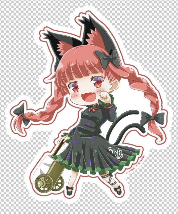 1girl :d animal_ear_fluff animal_ears bangs blunt_bangs blush bow braid cat_ears cat_tail checkered_floor chibi dress extra_ears eyebrows_visible_through_hair fake_transparency fang floating_hair full_body hair_bow halftone hand_up happy kaenbyou_rin long_hair looking_at_viewer makoto5391 multiple_tails nekomata open_mouth paw_pose red_eyes redhead skin_fang smile solo tail touhou twin_braids very_long_hair wheelbarrow