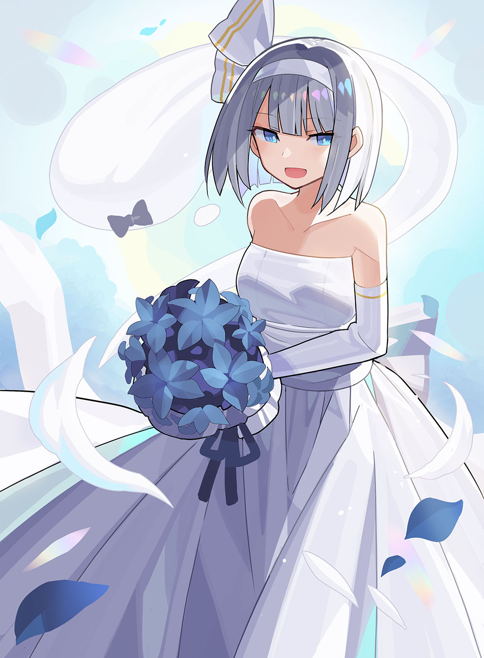 1girl alternate_costume back_bow bangs bare_shoulders black_bow black_bowtie blue_eyes blue_flower blue_sky bouquet bow bowtie breasts clouds cloudy_sky collarbone commentary_request dress duplicate elbow_gloves eyebrows_visible_through_hair eyelashes eyes_visible_through_hair falken_(yutozin) flower ghost gloves grey_gloves grey_hair grey_hairband grey_ribbon hairband hands_up highres hitodama konpaku_youmu konpaku_youmu_(ghost) looking_to_the_side medium_breasts open_mouth petals pixel-perfect_duplicate ribbon short_hair sky sleeveless sleeveless_dress smile solo standing touhou wedding_dress white_bow white_dress