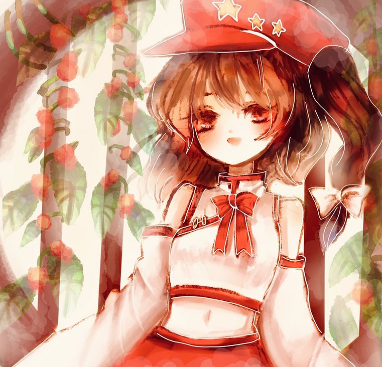 1girl bangs bare_shoulders bow bowtie breasts brown_eyes brown_hair cabbie_hat commentary_request flat_cap flower hair_bow happy hat hat_ornament hell0120 label_girl_(dipp) long_sleeves mandarin_collar medium_breasts medium_hair midriff navel open_mouth red_bow red_bowtie red_headwear red_skirt round_window side_ponytail skirt star_(symbol) star_hat_ornament stomach tied_hair touhou upper_body vest white_bow white_vest wide_sleeves window