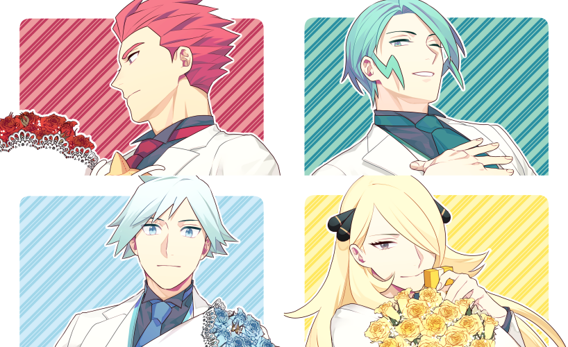 1girl 3boys alternate_costume bangs blonde_hair blue_eyes blue_flower blue_necktie bouquet closed_mouth collared_shirt commentary_request cynthia_(pokemon) eyelashes flower green_hair green_necktie grey_eyes hair_ornament hair_over_one_eye jacket lance_(pokemon) long_hair looking_at_viewer multiple_boys necktie one_eye_closed pokemon pokemon_(game) pokemon_dppt pokemon_hgss pokemon_oras red_flower red_necktie redhead shirt short_hair smile spiky_hair steven_stone wallace_(pokemon) white_jacket y_(036_yng) yellow_flower