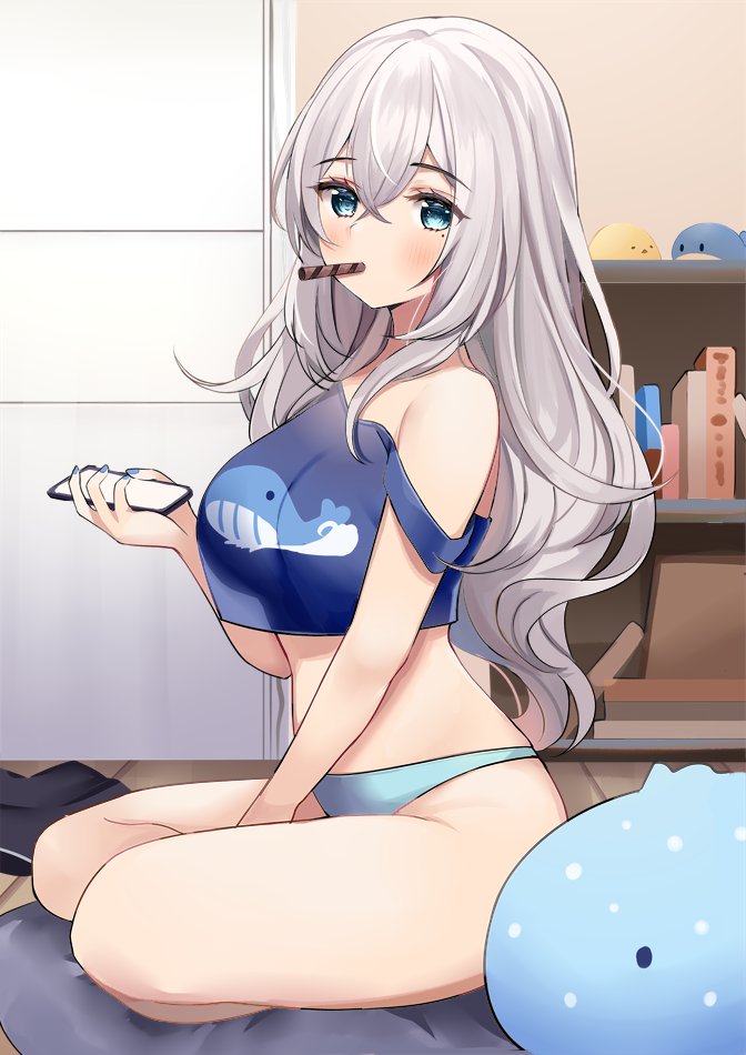 1girl bare_arms between_legs blue_eyes blue_panties blue_shirt braid breasts crop_top crop_top_overhang holding holding_phone long_hair looking_at_viewer medium_breasts mole mole_under_eye mouth_hold no_pants original panties phone ry_thae sanyu_(ry_thae) shirt sitting sleeveless sleeveless_shirt solo stomach strap_slip thighs underwear wafer_stick white_hair