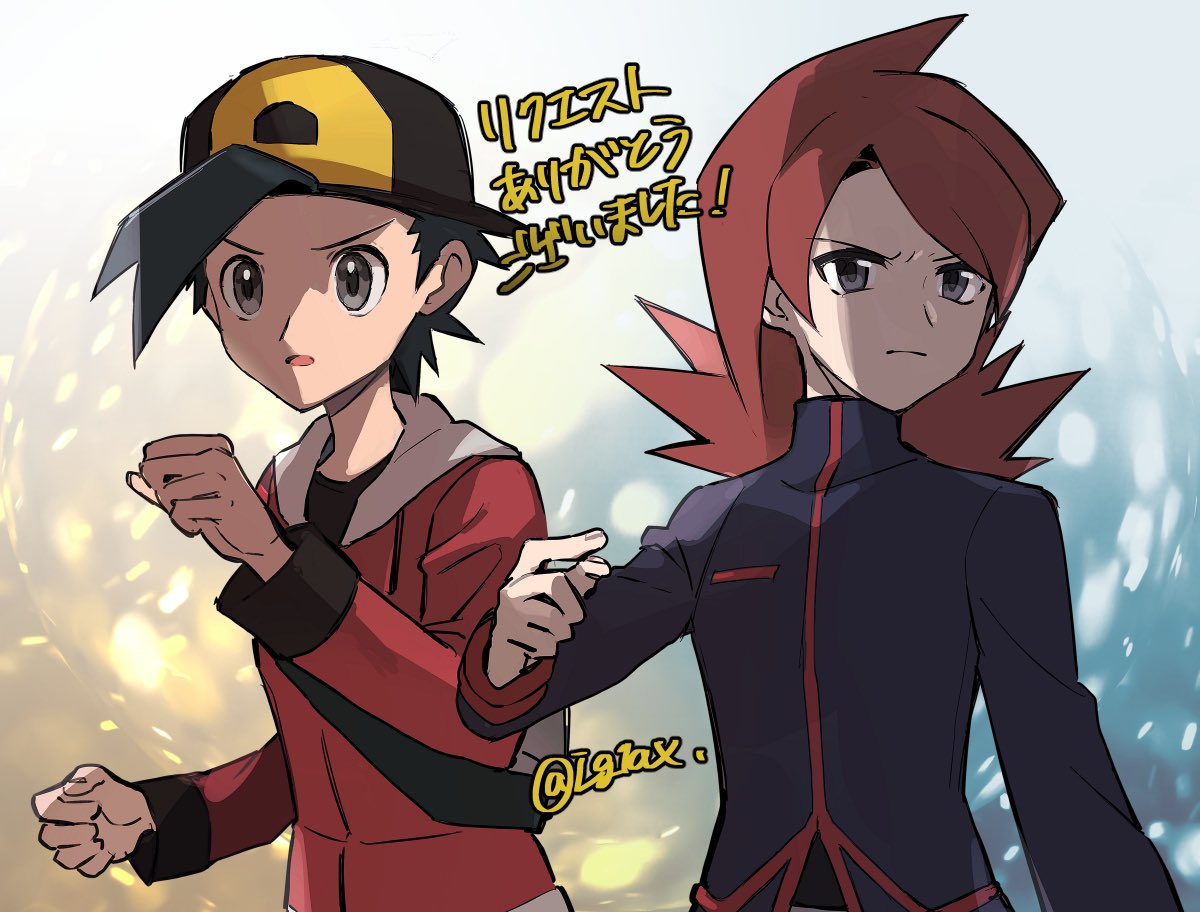 2boys backpack backwards_hat bag bangs baseball_cap black_hair closed_mouth commentary_request ethan_(pokemon) grey_bag grey_eyes hand_up hat i_g1ax jacket long_hair long_sleeves male_focus multiple_boys open_mouth pokemon pokemon_(game) pokemon_hgss red_jacket redhead short_hair silver_(pokemon) tongue translation_request turtleneck turtleneck_jacket