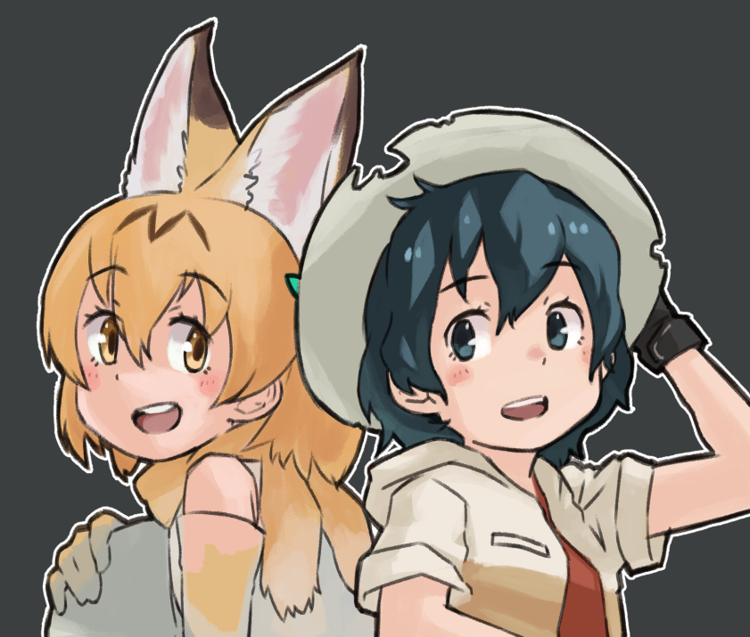 1girl alternate_costume animal_ears bare_shoulders beige_jacket black_gloves black_hair blue_eyes cat_ears cat_girl commentary_request elbow_gloves extra_ears gloves hand_on_headwear helmet kaban_(kemono_friends) kemono_friends pith_helmet red_shirt serval_(kemono_friends) shirt short_hair short_sleeves sleeveless solo toriny yellow_eyes