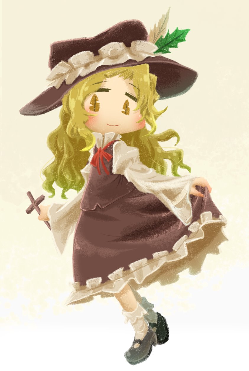 1girl black_footwear blonde_hair blush bobby_socks brown_headwear brown_vest chamaji chibi closed_mouth collared_shirt commentary_request cross fedora frilled_hat frilled_skirt frills full_body hat hat_feather highres holding holding_cross jacket_girl_(dipp) juliet_sleeves long_hair long_sleeves looking_at_viewer mary_janes puffy_sleeves red_ribbon ribbon shirt shoes simple_background skirt skirt_hold smile socks touhou very_long_hair vest wavy_hair white_background white_legwear wide_sleeves yellow_eyes