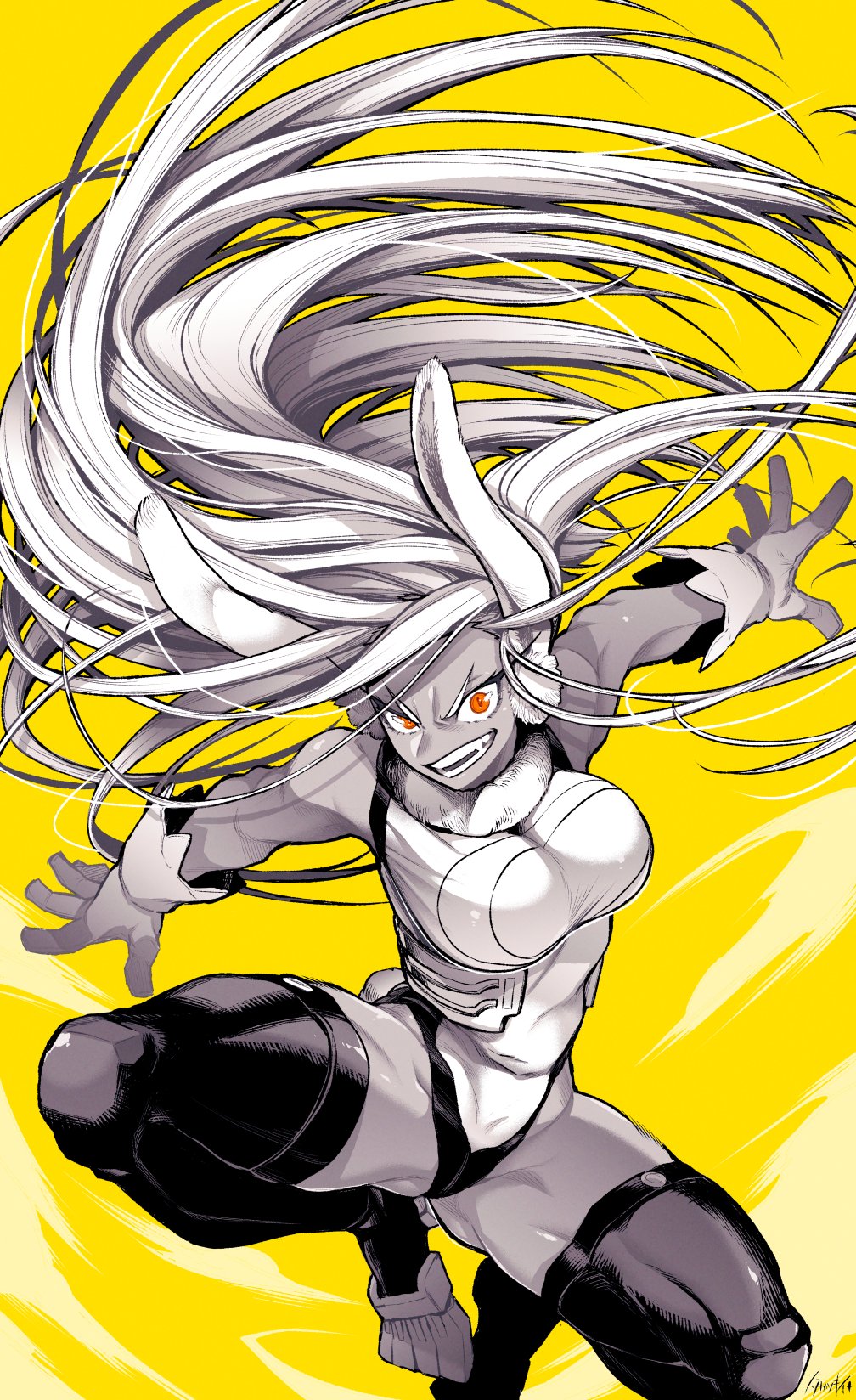 1girl angry animal_ears ass_visible_through_thighs attack black_legwear boku_no_hero_academia breasts commentary_request crazy_eyes crazy_smile floating_hair full_body gloves highleg highleg_leotard highres incoming_attack large_breasts leotard long_hair looking_at_viewer mirko monochrome muscular muscular_female open_mouth orange_eyes rabbit_ears rabbit_girl signature solo spread_legs superhero takatsuki_ichi teeth thick_thighs thigh-highs thighs v-shaped_eyebrows very_long_hair yellow_background