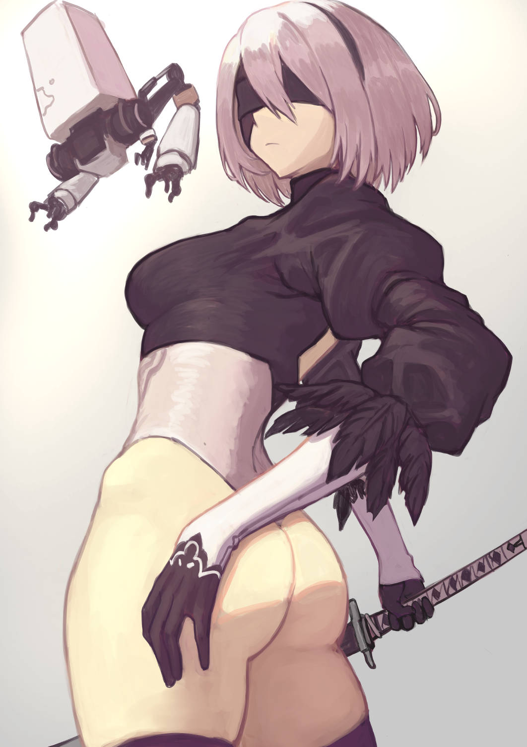 1girl android ass black_blindfold black_gloves black_hairband black_legwear blindfold closed_mouth feather-trimmed_sleeves feather_trim feathers gloves grey_hair hair_between_eyes hairband highres holding holding_sword holding_weapon janoukyo19 katana nier_(series) nier_automata pod_(nier_automata) puffy_sleeves robot short_hair skindentation sword turtleneck weapon yorha_no._2_type_b