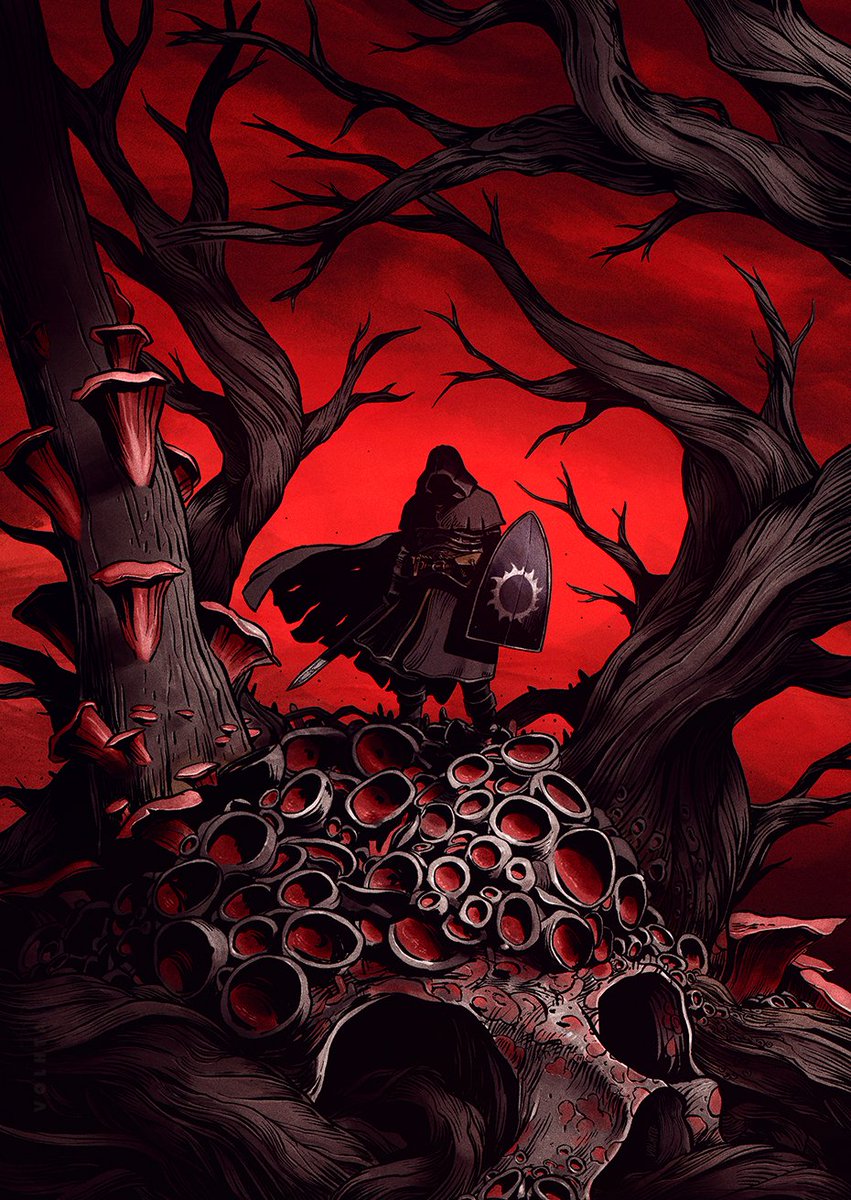 1boy bare_tree branch cape character_request cloak clouds cloudy_sky commentary dark elden_ring english_commentary faceless faceless_male highres holding hood hood_up hooded_cloak hoodie horror_(theme) male_focus mushroom outdoors plant red_sky red_theme scenery shield silhouette skeleton sky solo sword tree volhta weapon wind