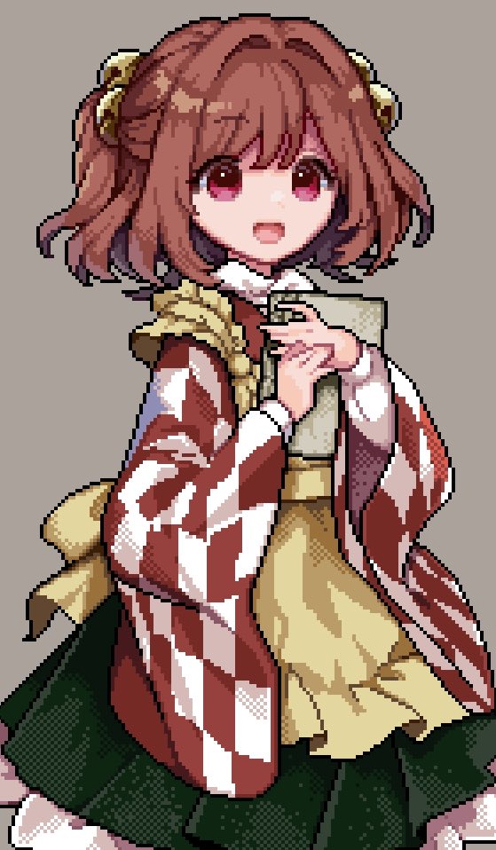 1girl apron bell book character_name checkered checkered_clothes checkered_kimono checkered_shirt commentary_request hair_bell hair_ornament happy holding holding_book japanese_clothes jingle_bell kimono motoori_kosuzu open_mouth pixel_art red_eyes redhead risui_(suzu_rks) shirt short_hair touhou twintails two_side_up yellow_apron