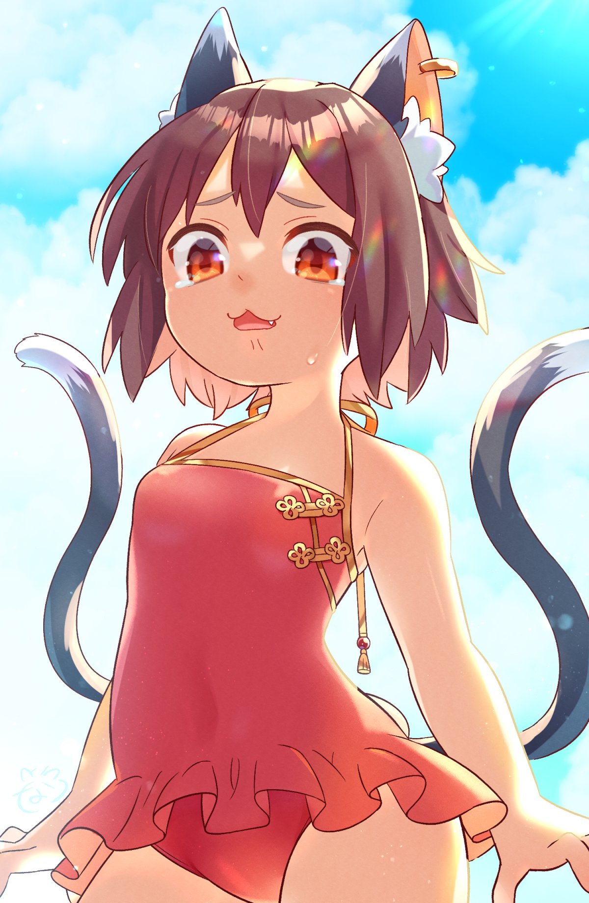 1girl :3 adapted_costume animal_ear_fluff animal_ears bare_arms bare_shoulders blue_sky breasts brown_eyes brown_hair cat_ears cat_tail chen clouds contrapposto cowboy_shot day disgust earrings fang frills from_below hat highres ibaraki_natou jewelry looking_at_viewer mob_cap multiple_tails nekomata one-piece_swimsuit open_mouth outdoors piercing short_hair single_earring sky small_breasts solo swimsuit tail touhou two_tails