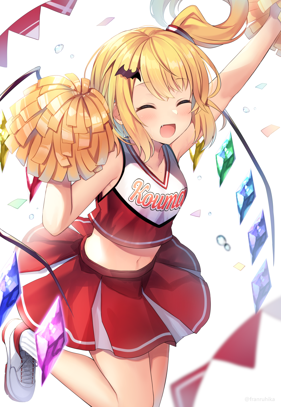 1girl :d bangs bat_hair_ornament blonde_hair cheerleader closed_eyes clothes_writing confetti crystal eyebrows_visible_through_hair fang flandre_scarlet hair_ornament highres holding holding_pom_poms navel one_side_up open_mouth pom_pom_(cheerleading) red_skirt ruhika simple_background skirt smile solo touhou white_background white_footwear wings