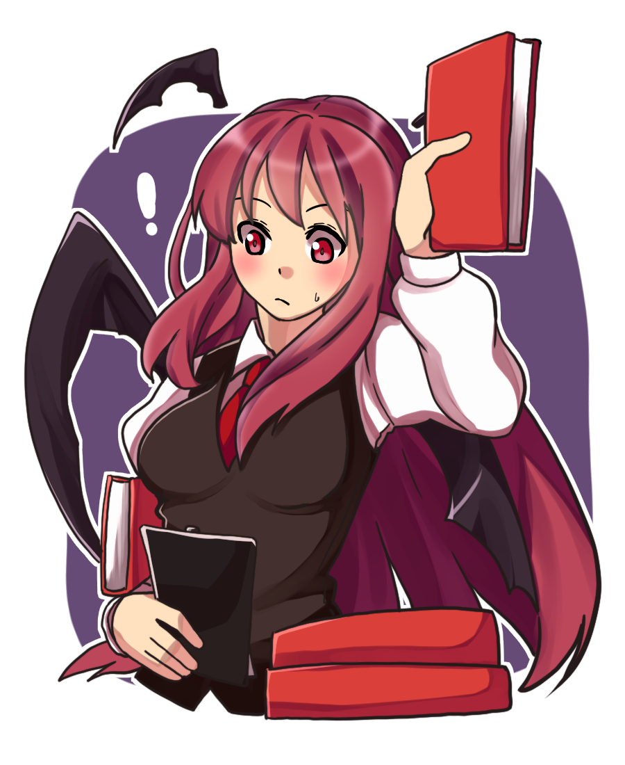 ! :/ arm_behind_head bat_wings black_skirt black_vest blue_background blush book book_stack border breasts clipboard closed_mouth collared_shirt cowboy_shot cropped_torso detached_wings hair_between_eyes head_wings holding holding_book koakuma long_hair long_sleeves looking_up medium_breasts necktie one-hour_drawing_challenge outline red_eyes red_necktie redhead renshirenji shirt sidelocks simple_background skirt skirt_set sweatdrop touhou very_long_hair vest white_border white_outline white_shirt wings