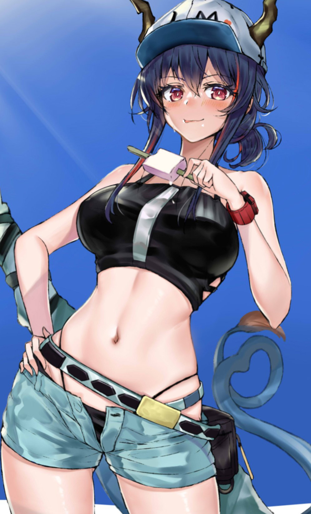 1girl :p arknights bangs bare_shoulders baseball_cap belt belt_pouch bikini black_bikini black_hair blue_shorts blue_sky blush breasts ch'en_(arknights) closed_mouth cowboy_shot crop_top day dragon_girl dragon_horns dragon_tail eyebrows_visible_through_hair female_tourist_c_(arknights) food hand_on_hip hat heart heart_tail highres holding holding_food horns horns_through_headwear large_breasts light_rays long_hair looking_at_viewer multicolored_hair navel official_alternate_costume open_fly outdoors popsicle pouch red_eyes redhead revision short_ponytail shorts sky smile solo srpzk stomach streaked_hair sunbeam sunlight swimsuit tail tongue tongue_out two_side_up watch watch white_headwear