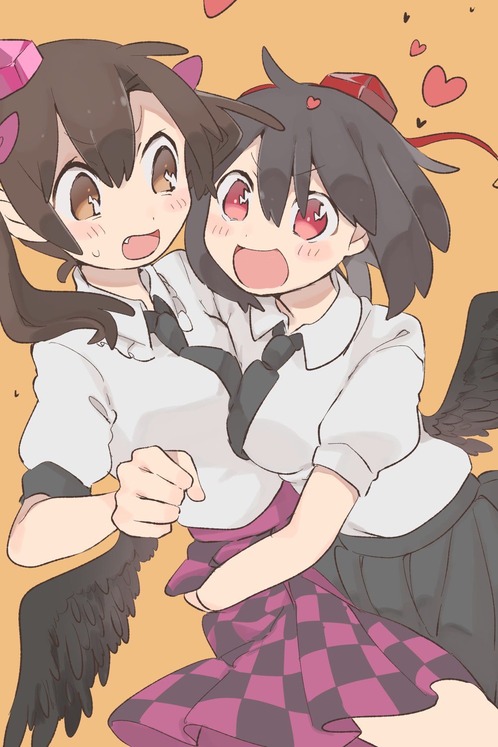 2girls black_hair black_neckwear black_wings blush breasts brown_hair checkered checkered_clothes checkered_skirt citrus_(place) fang hat heart highres himekaidou_hatate multiple_girls necktie open_mouth orange_background puffy_short_sleeves puffy_sleeves red_eyes ribbon shameimaru_aya shirt short_sleeves simple_background skirt smile tokin_hat touhou twintails white_shirt wings