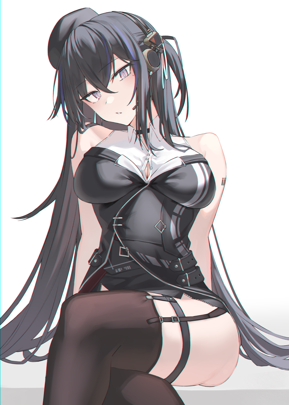 1girl arm_tattoo bangs bare_arms black_choker black_dress black_hair blue_hair breasts brown_legwear choker commentary commission crossed_legs dress error eyebrows_visible_through_hair garter_straps garters hair_between_eyes hat headset highres koga_taiga large_breasts long_hair looking_at_viewer mole mole_under_eye multicolored_hair original parted_lips simple_background sitting skeb_commission sleeveless sleeveless_dress slit_pupils solo streaked_hair tattoo thigh-highs two_side_up very_long_hair white_background
