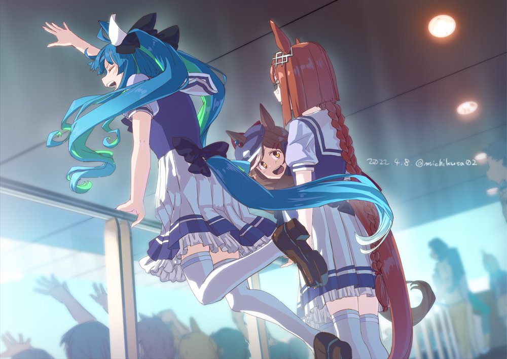 3girls against_railing animal_ears arm_up blue_hair braid braided_ponytail brown_hair cabbie_hat closed_eyes crowd dated ears_through_headwear glasses green_hair hair_ornament hairclip hat horse_ears horse_girl horse_tail ikuno_dictus_(umamusume) long_hair looking_at_another matikane_tannhauser_(umamusume) multicolored_hair multiple_girls open_mouth orange_hair outstretched_arm purple_shirt railing sailor_collar school_uniform shirt short_sleeves skirt smile standing tail takuzui thigh-highs tracen_school_uniform twin_turbo_(umamusume) twintails twitter_username two-tone_hair umamusume white_legwear white_skirt yellow_eyes