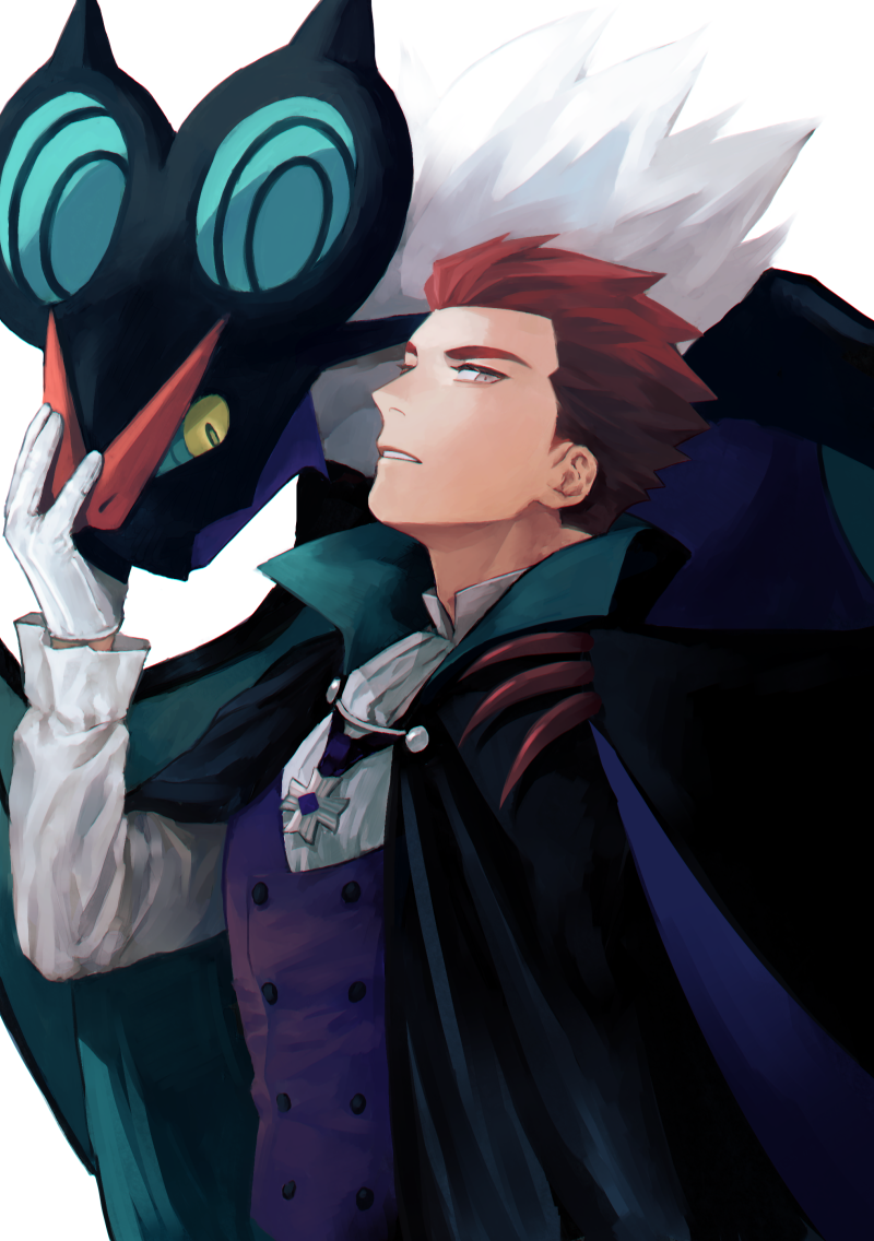 1boy alternate_costume black_cape cape commentary_request gloves grey_eyes hand_up head_back lance_(pokemon) long_sleeves male_focus medallion noivern parted_lips pokemon pokemon_(creature) pokemon_(game) pokemon_hgss pokemon_on_back purple_vest redhead shirt short_hair simple_background spiky_hair upper_body vest white_background white_gloves white_shirt y_(036_yng)