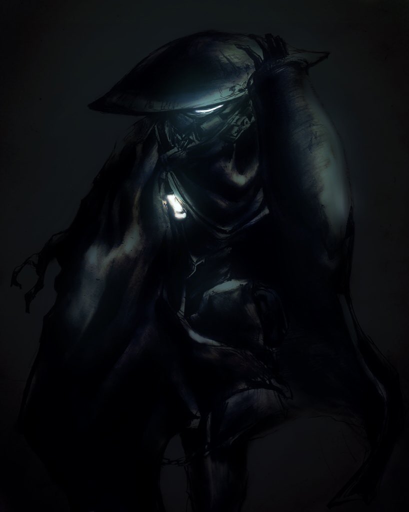 1girl armor black_cloak black_gloves cloak covered_face dark facing_viewer gloves glowing green_theme hand_up hat long_sleeves made_in_abyss marudoll ozen sitting solo