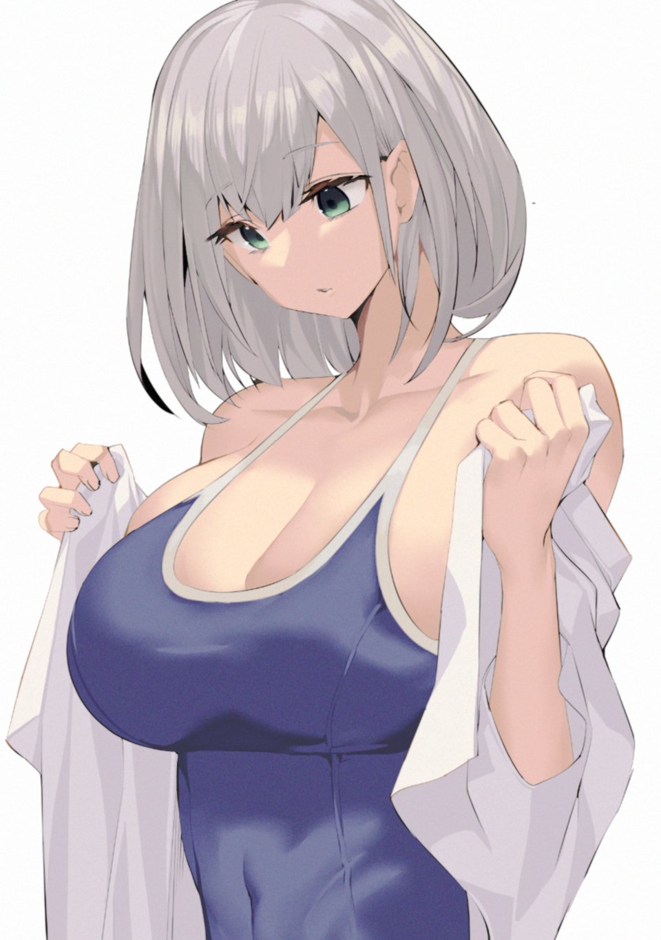 1girl bangs bare_shoulders blue_swimsuit breasts cleavage collarbone commentary covered_navel eyebrows eyebrows_visible_through_hair eyelashes female green_eyes hands_up highres hololive huge_breasts large_breasts looking_down no_nose one-piece_swimsuit open_clothes open_shirt parted_lips satou_daiji shirogane_noel shirt silver_hair simple_background skindentation solo swimsuit upper_body virtual_youtuber white_background white_shirt