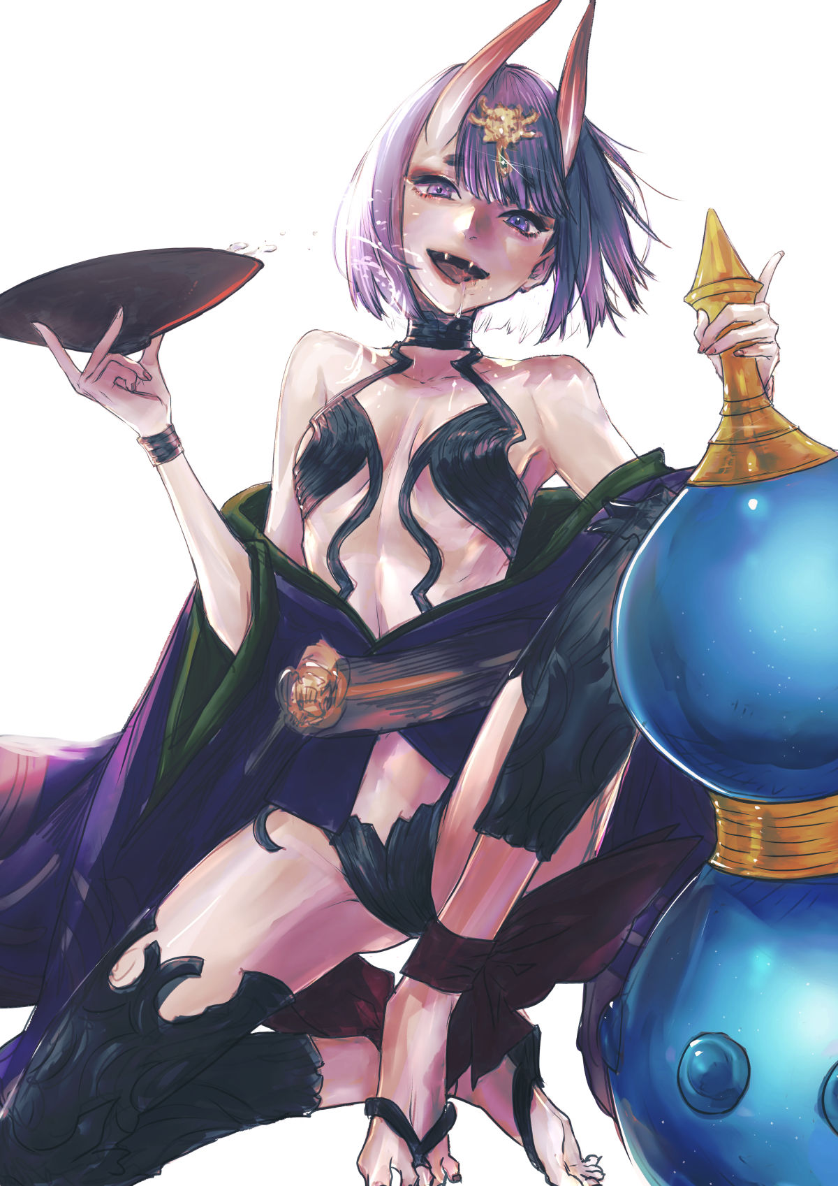 1girl alcohol bare_shoulders bracelet collarbone cup eyebrows_visible_through_hair eyeshadow fangs fate/grand_order fate_(series) fingernails glint gourd highres holding holding_cup holding_gourd horns jewelry long_fingernails makeup medium_hair nail_polish noie_(neunteedelstein) oni oni_horns open_mouth pink_nails purple_hair red_eyeshadow red_horns sakazuki sake short_eyebrows shuten_douji_(onmyoji) simple_background skin-covered_horns solo toenail_polish toenails tongue violet_eyes white_background