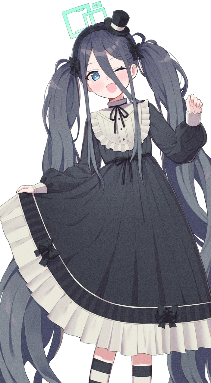 1girl absurdly_long_hair arisu_(blue_archive) billbung black_hair blue_archive blue_eyes dress_shirt hairband halo hat hat_ornament highres lolita_fashion long_hair one_eye_closed open_mouth shirt smile solo striped striped_legwear top_hat twintails very_long_hair white_background