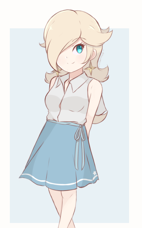 1girl alternate_costume artist_name bangs blonde_hair blue_eyes blue_skirt blush bright_pupils casual chocomiru earrings hair_over_one_eye jewelry looking_at_viewer one_eye_closed rosalina shirt signature skirt sleeveless sleeveless_shirt solo super_mario_bros. super_mario_galaxy super_mario_galaxy_2