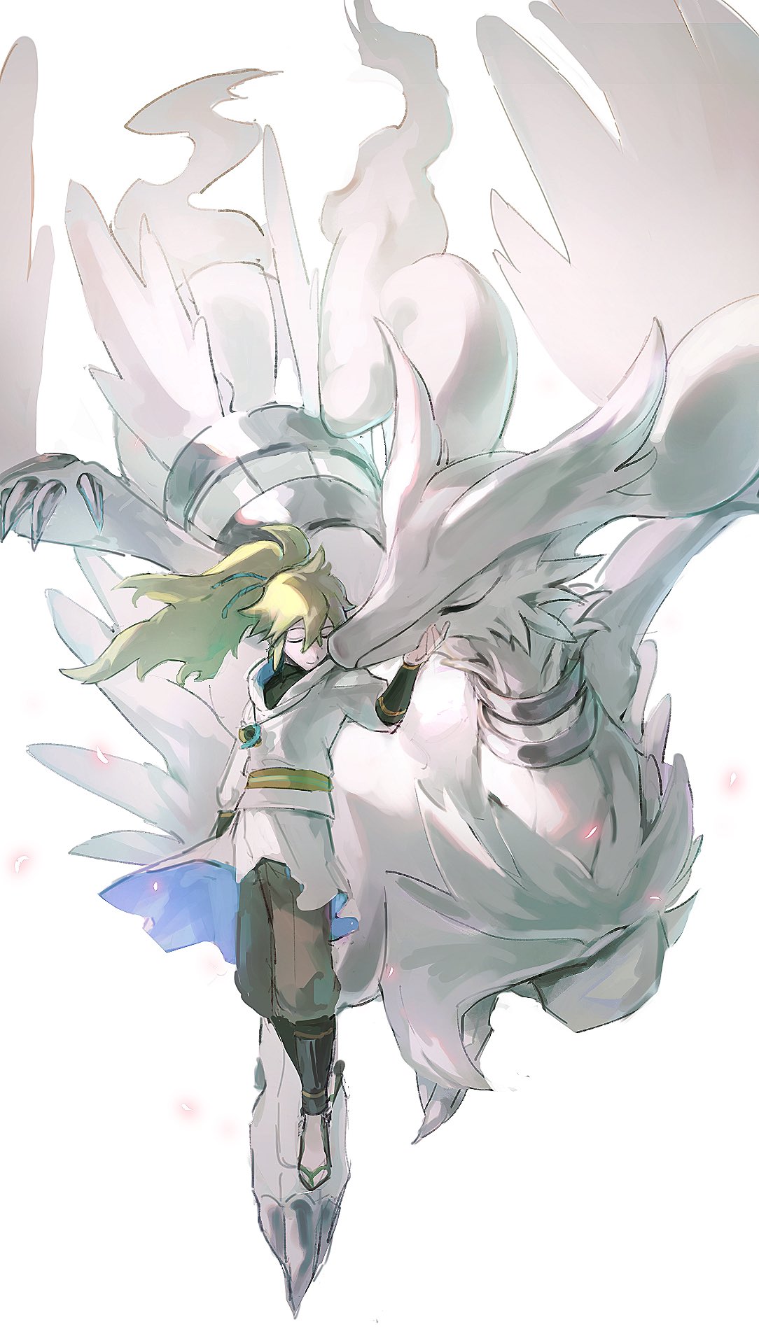 1boy bangs black_shirt brown_pants closed_eyes closed_mouth commentary_request floating_hair green_hair highres jacket jewelry long_hair male_focus maumaujanken n_(pokemon) necklace pants pokemon pokemon_(creature) pokemon_(game) pokemon_bw ponytail reshiram sandals shirt socks white_background white_jacket white_legwear