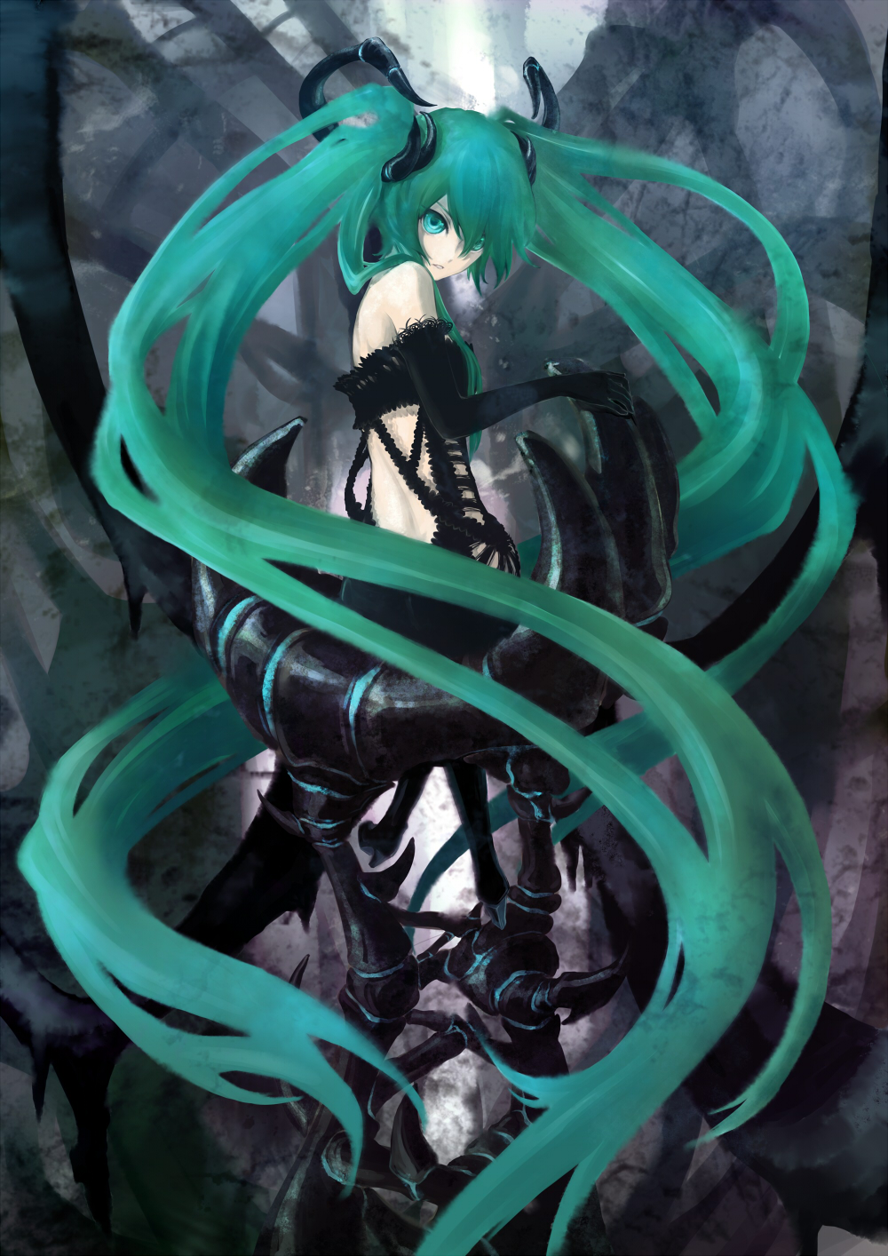 1girl bare_shoulders black_rock_shooter black_rock_shooter_(character) black_rock_shooter_(cosplay) boots cosplay elbow_gloves from_behind gloves green_eyes green_hair hatsune_miku highres long_hair looking_back shanpao sitting solo twintails very_long_hair vocaloid