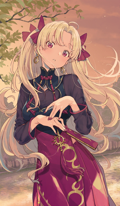 1girl ahoge bangs blonde_hair bow closed_fan clothing_request cowboy_shot craft_essence_(fate) dot_nose earrings ereshkigal_(fate) ereshkigal_(youming_niangniang)_(fate) fate/grand_order fate_(series) folding_fan hair_bow hand_fan head_tilt high_collar holding holding_fan imigimuru jewelry long_sleeves looking_at_viewer official_art outdoors own_hands_together parted_bangs parted_lips red_bow red_eyes red_nails red_skirt skirt sky solo standing tassel third-party_source tree two_side_up water