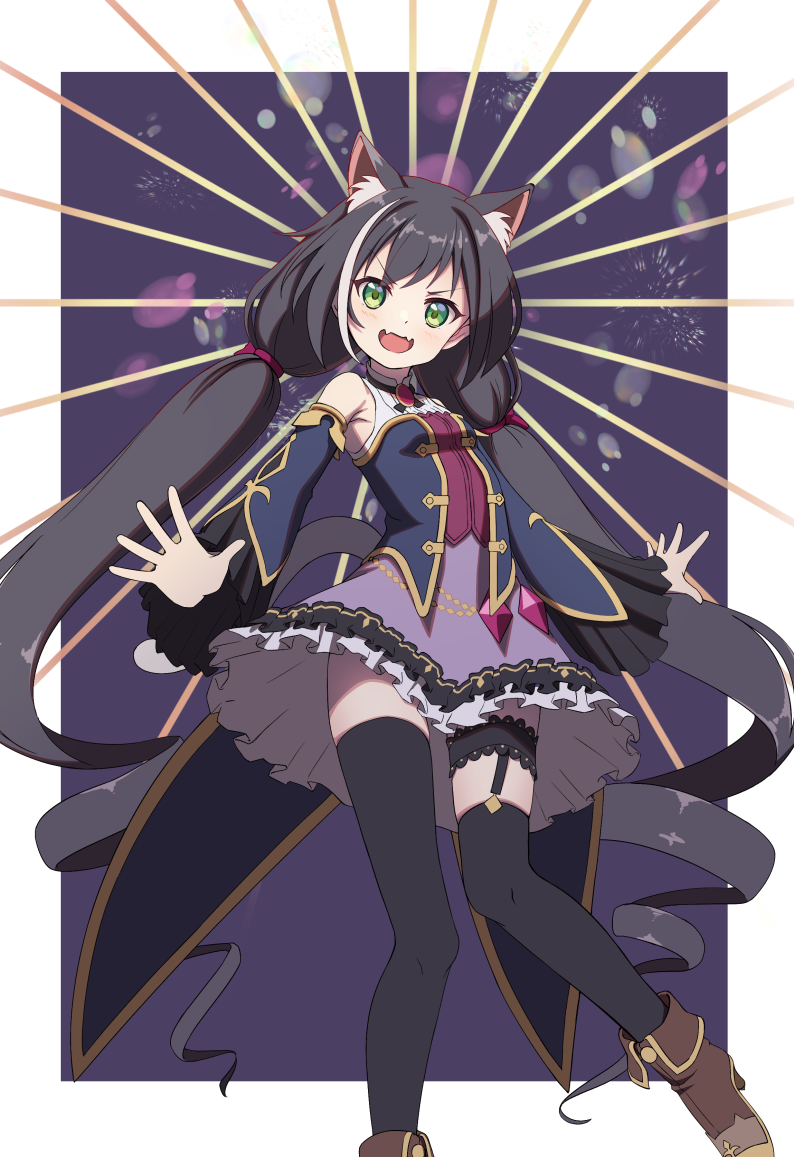 1girl animal_ear_fluff animal_ears bangs black_hair black_legwear boots border breasts cat_ears cat_girl cat_tail crystal detached_sleeves dress fangs full_body garter_straps godyuurei green_eyes jacket karyl_(princess_connect!) layered_dress layered_sleeves long_hair looking_at_viewer low_twintails multicolored_hair open_mouth outside_border princess_connect! purple_background purple_jacket short_dress skin_fangs sleeveless sleeveless_dress small_breasts solo streaked_hair tail thigh-highs thigh_strap twintails very_long_hair