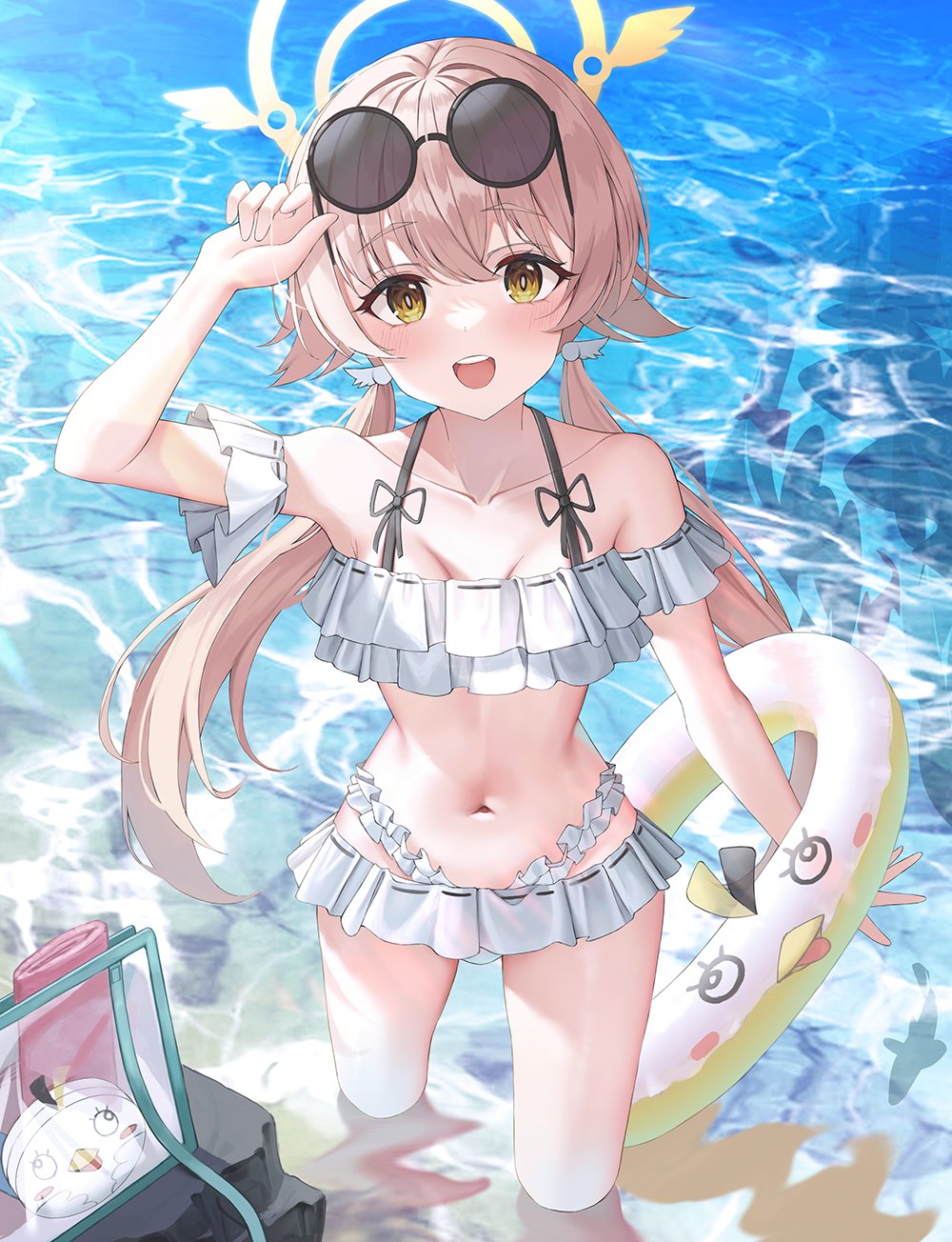 arm_ribbon bangs bikini blue_archive breasts halo hifumi_(blue_archive) hifumi_(swimsuit)_(blue_archive) highres innertube light_brown_hair long_hair low_twintails navel ocean omul open_mouth partially_submerged peroro_(blue_archive) reflection reflective_water ribbon small_breasts solo sunglasses swimsuit twintails wing_hair_ornament yellow_eyes