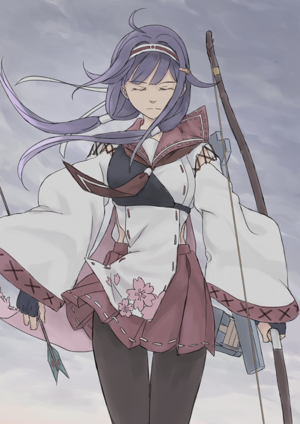 1girl arrow_(projectile) black_gloves black_legwear bow_(weapon) clouds cloudy_sky cowboy_shot facing_viewer fingerless_gloves gloves hakama hakama_skirt haori headband highres japanese_clothes kantai_collection long_hair low_twintails muneate neckerchief partially_fingerless_gloves pleated_skirt purple_hair red_neckerchief red_sailor_collar red_skirt ryuuhou_(kancolle) ryuuhou_kai_ni_(kancolle) sailor_collar skirt sky solo standing taigei_(kancolle) taruya thigh_gap twintails weapon yugake
