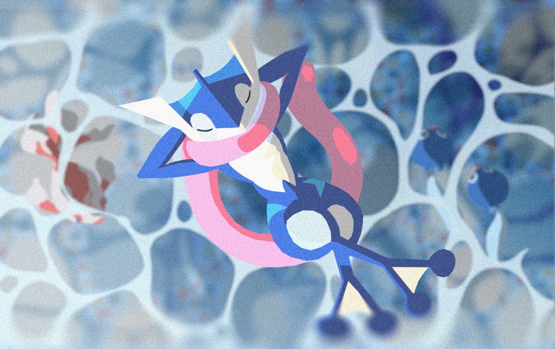 afloat blurry closed_eyes commentary_request crossed_legs film_grain fish from_above goldeen greninja lying no_humans on_back pokemon pokemon_(creature) pokeyugami poliwag relaxing tongue tongue_scarf water