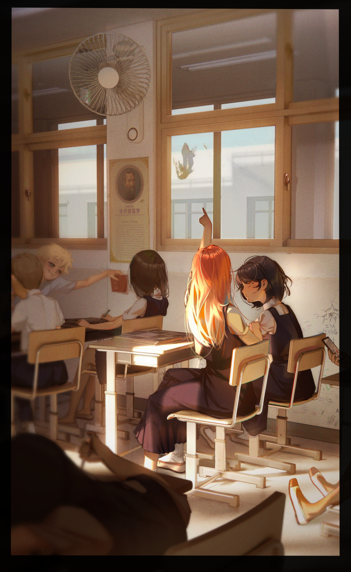 2girls 5others ahoge back_turned black_dress black_hair blonde_hair blurry blurry_foreground book brown_hair bullying cellphone chair chinese_text classroom desk dress electric_fan falling graffiti holding_another's_arm long_dress long_hair looking_up medium_hair milk_ko multiple_girls multiple_others nagase_koito outstretched_arm phone pointing pointing_up school_uniform shirt shoe_loss short_sleeves socks straight_hair suicide sunlight white_legwear white_shirt window wonder_egg_priority