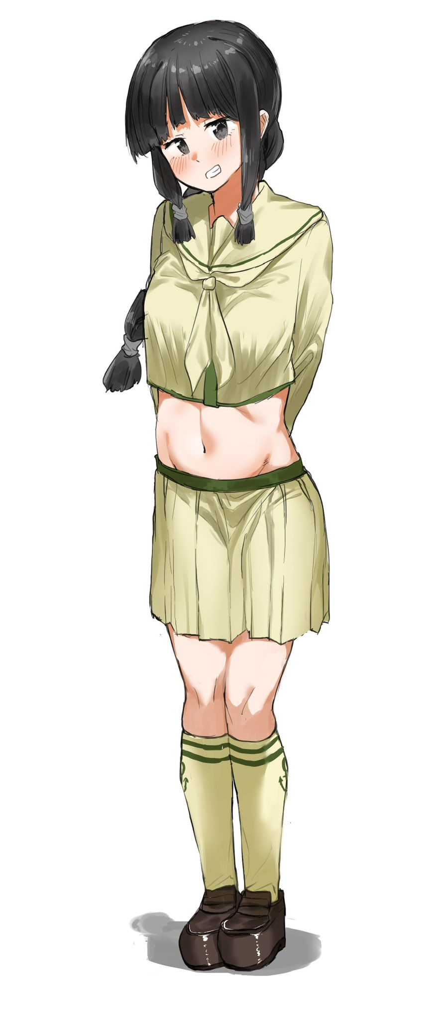 1girl arms_behind_back bangs beige_legwear beige_neckerchief beige_sailor_collar beige_serafuku beige_shirt beige_skirt black_eyes black_hair blunt_bangs braid brown_footwear full_body gekiteki_na_beefsteak hair_ribbon highres kantai_collection kitakami_(kancolle) kitakami_kai_ni_(kancolle) kneehighs loafers long_hair midriff ribbon sailor_collar school_uniform serafuku shoes sidelocks solo standing tress_ribbon