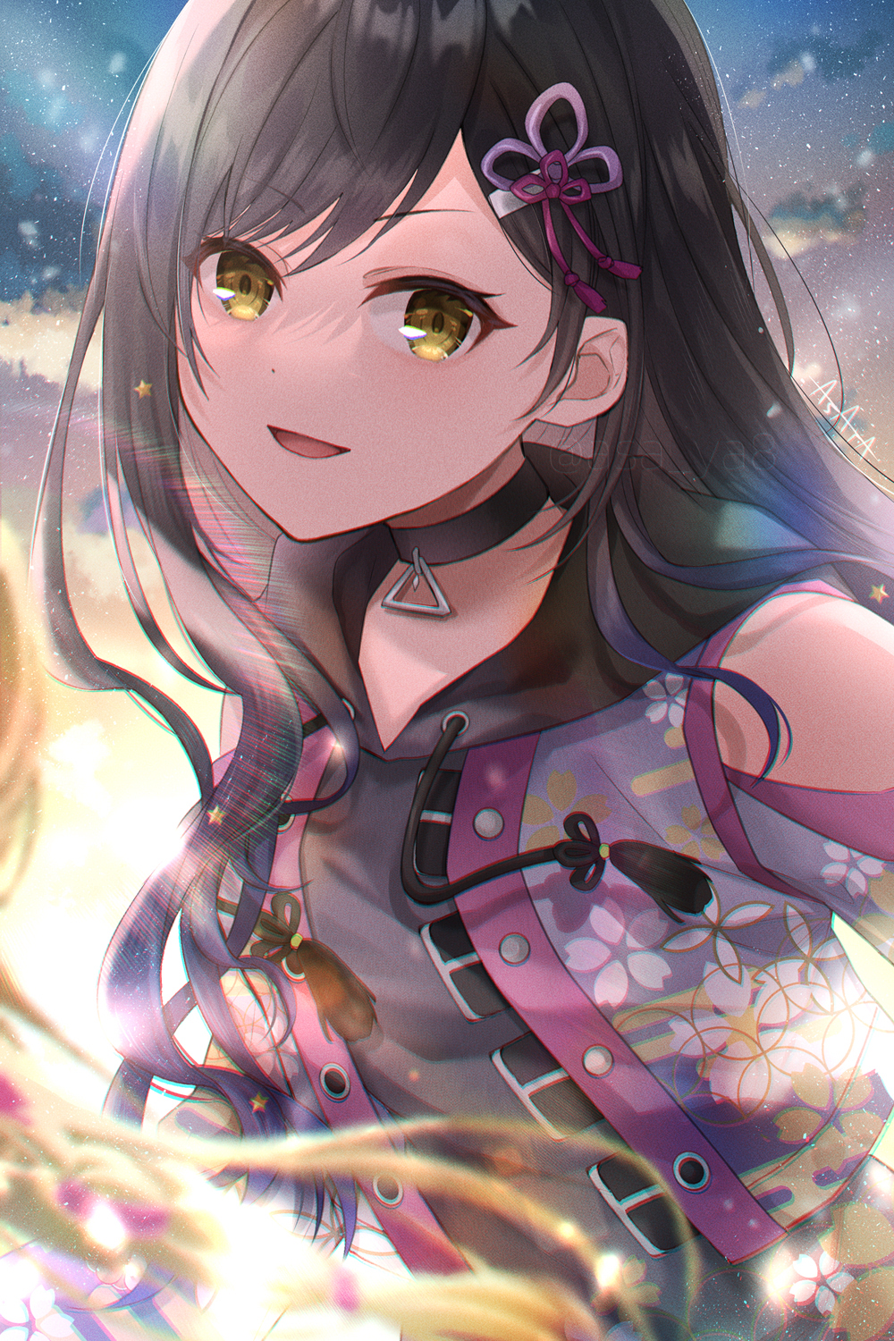 1girl :d asaya-bigun bangs black_choker black_hair choker clothing_cutout eyebrows_visible_through_hair floating_hair hair_ribbon highres hood hood_down long_hair looking_at_viewer open_mouth project_sekai purple_ribbon ribbon shiny shiny_hair shiraishi_an shoulder_cutout smile solo upper_body yellow_eyes