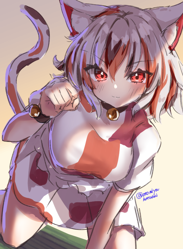 1girl animal_ears bangs bell breasts calico cat_ears cat_girl cat_tail commentary_request crop_top goutokuji_mike jingle_bell maneki-neko medium_breasts medium_skirt multicolored_clothes multicolored_hair multicolored_shirt multicolored_skirt one-hour_drawing_challenge onomiya orange_eyes patch patchwork_clothes paw_pose short_hair skirt streaked_hair tail touhou white_hair