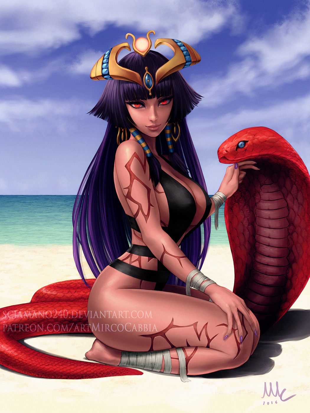 1girl arm_tattoo bandaged_arm bandaged_leg bandages bangs barefoot beach blunt_bangs breasts clouds cloudy_sky commentary dark-skinned_female dark_skin dated deviantart_username egyptian english_commentary fingernails highres hot italian_commentary jewelry leg_tattoo long_fingernails long_hair looking_at_viewer mixed-language_commentary monster_girl_encyclopedia nail_polish ocean patreon_username pharaoh_(monster_girl_encyclopedia) purple_hair purple_nails red_eyes reward_available sand scales sciamano240 sharp_fingernails shoulder_tattoo signature sitting sky smile snake solo summer swimsuit tattoo very_long_hair watermark web_address