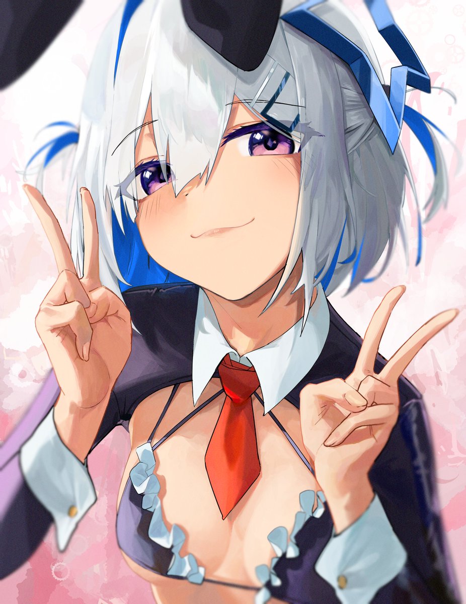 1girl amane_kanata animal_ears bangs bikini blue_hair blush breasts closed_mouth colored_inner_hair doroti. double_v eyebrows_visible_through_hair fake_animal_ears frilled_bikini frills hair_between_eyes halo hands_up highres hololive long_sleeves looking_at_viewer medium_breasts medium_hair meme_attire multicolored_hair necktie red_necktie reverse_bunnysuit reverse_outfit short_necktie shrug_(clothing) silver_hair smile solo star_halo swimsuit two_side_up upper_body v violet_eyes virtual_youtuber
