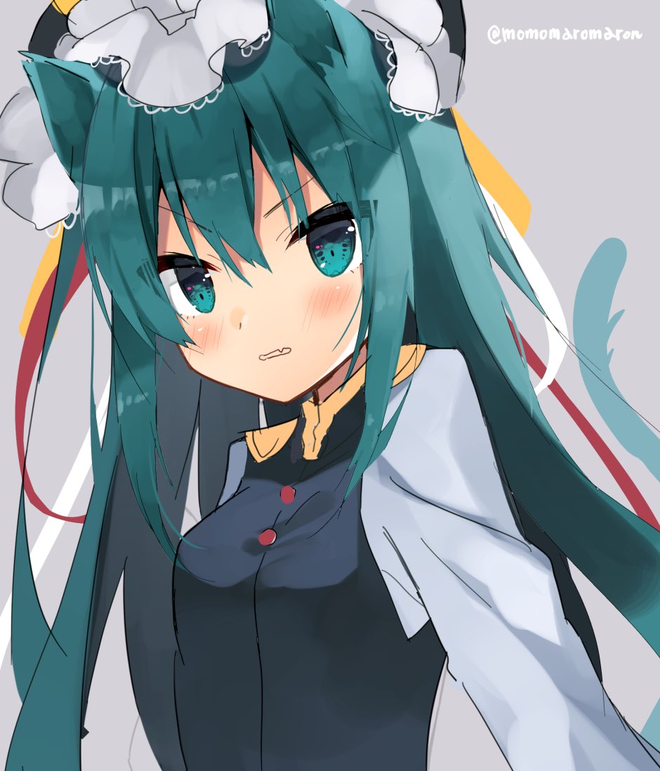 1girl alternate_hair_length alternate_hairstyle animal_ears bangs blue_vest blush cat_ears cat_tail commentary_request fang gold_trim green_eyes green_hair grey_background hat hat_ribbon kemonomimi_mode long_hair long_sleeves looking_at_viewer momomaron open_mouth panties red_button red_ribbon ribbon shiki_eiki shiny shiny_hair shirt simple_background skin_fang solo tail touhou underwear v-shaped_eyebrows vest white_panties white_ribbon white_shirt